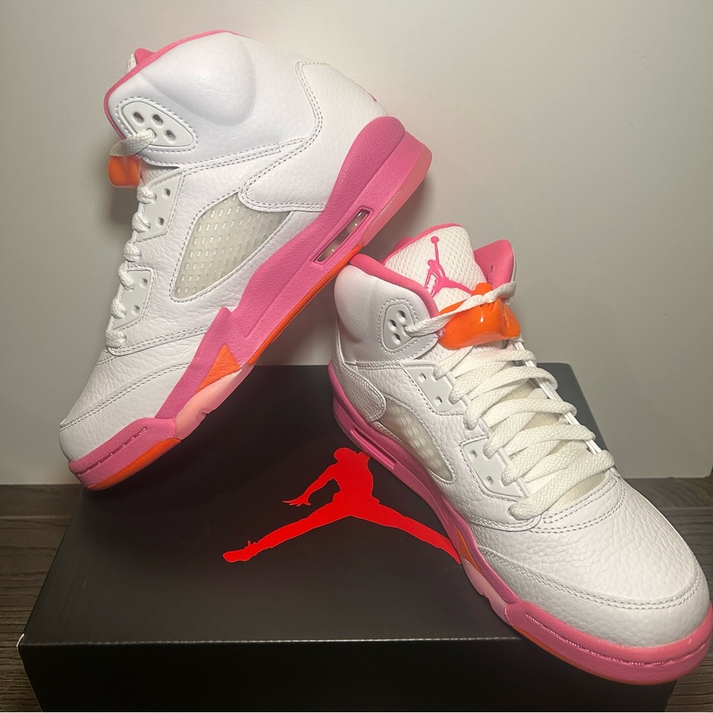 Nike White and Pink Air Jordan 5 Sneakers 6.5Y